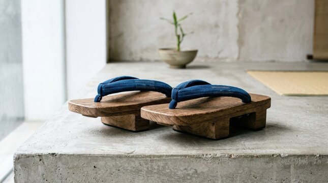 Japanese wooden geta sandals with blue fabric straps, traditional footwear concept with minimalist cultural styling and clean studio presentation, realistic detail, no logos