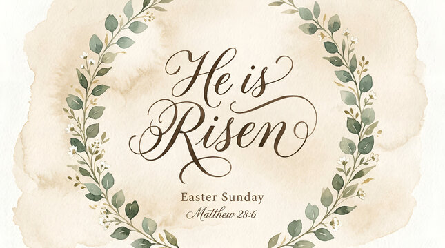 He is Risen calligraphy text on a beige watercolor background, Inspirational Easter religious quote design, Christian faith holiday celebration graphi.