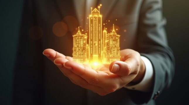 Mano de negocios presentando ciudad hologr&aacute;fica dorada
