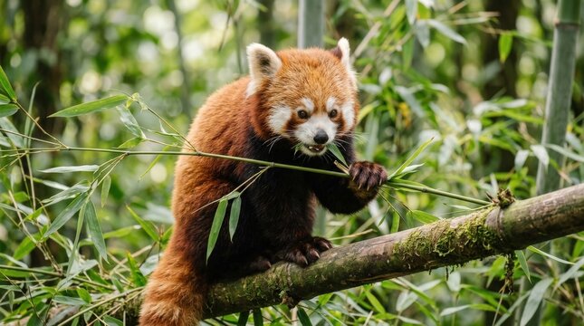 Adorable red panda holding a bamboo branch and eating in nature, charming wildlife moment with rich fur texture and natural greenery, soft light, realistic close up photography, no logos