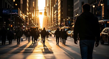 Obraz premium Crowd of People Walking on Busy City Street at Golden Sunset