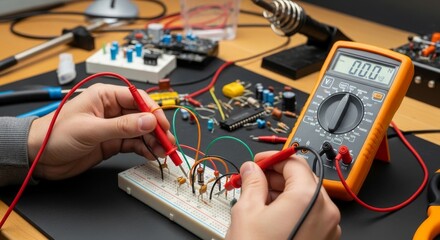 Fototapeta na wymiar Student testing electronic circuit with multimeter on breadboard