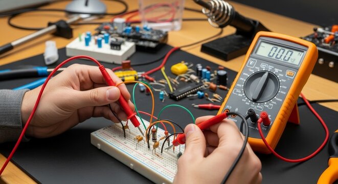 Student testing electronic circuit with multimeter on breadboard