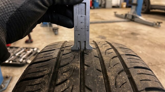 Tire tread depth measurement with a gauge, car safety inspection and automotive maintenance concept, close-up technical detail, realistic lighting, no logos