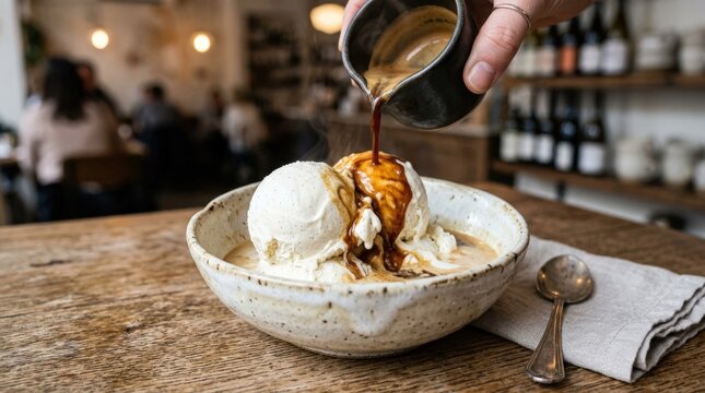 Rich espresso poured over vanilla ice cream in ceramic bowl, affogato dessert and caf&eacute; concept, creamy texture with warm coffee contrast, realistic detail, no logos