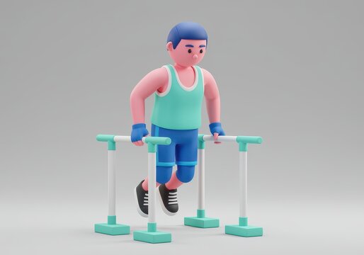 3d of a cartoon athlete performing dips on parallel bars in a minimalist gym setting grey backdrop 3d