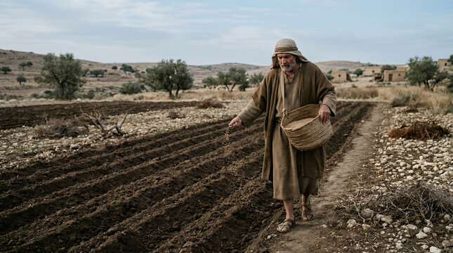old Man sowing seeds in a ploughed field, parables of Jesus concept, Biblical times and ancient agriculture.