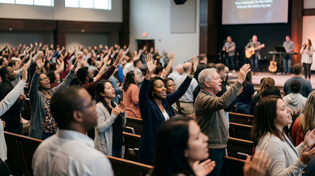 People raising their hands during a Christian worship service in church, a faithful crowd singing with arms up to God, a contemporary gospel concert, a religious gathering.