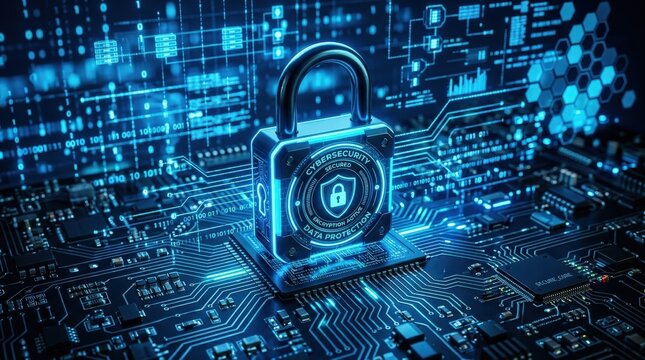 Digital security padlock on circuit board, cybersecurity concept, data protection, glowing blue technology background, crisp modern detail, no logos
