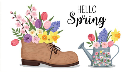 Hello Spring floral vector illustration, blooming garden flowers in vintage boot and watering can, pastel botanical greeting card design isolated PNG with Transparent Background © BUSY ROOH