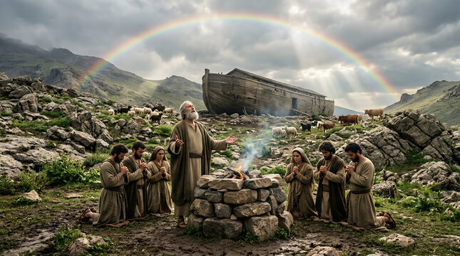  praying god Senior man Noah offering sacrifice with family after flood, Religious biblical scene with rainbow in sky, Ancient humanity praying to God near wooden.