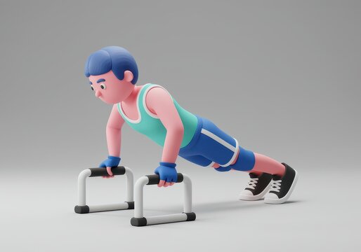 3d render of a cartoon athlete performing pushups on parallel bars against a solid neutral gray backdrop 3d