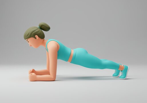 3d render of a cartoon woman performing a forearm plank exercise for core strength and fitness training routine 3d