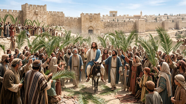 Triumphal Entry of Jesus into Jerusalem, Palm Sunday biblical scene with crowd palm branches.