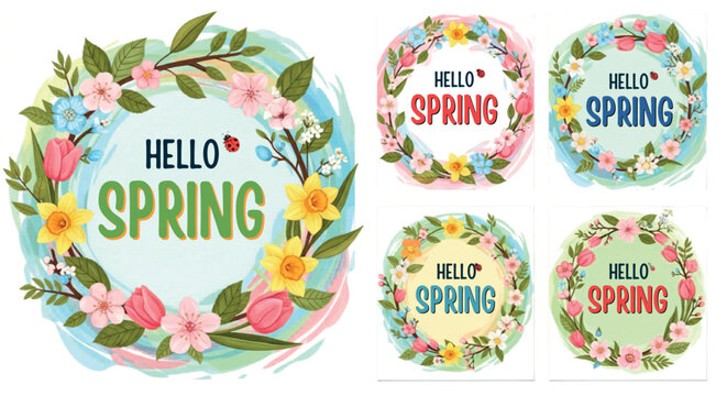 Spring floral wreath collection with Hello Spring text, colorful botanical frames with tulips and daffodils, seasonal garden vector set isolated PNG with Transparent Background
