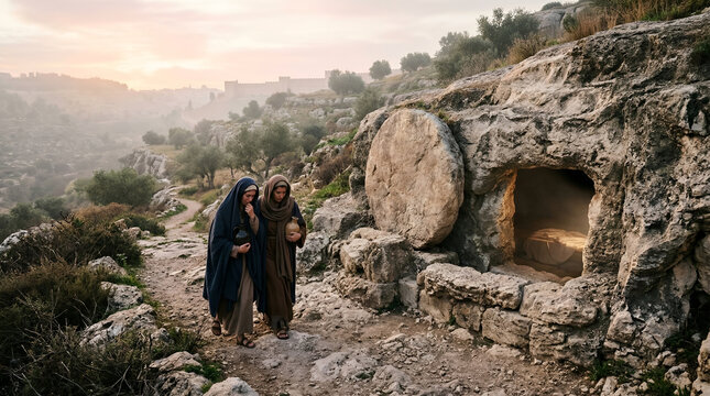 Two women walk toward the open tomb of Christ, Myrrhbearers mourning the crucifixion and resurrection on Easter, Biblical event.