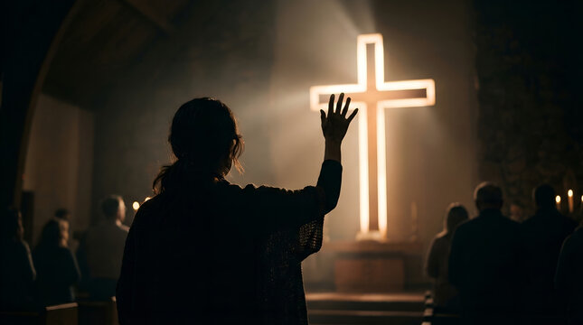 Woman raising hand toward glowing cross in dark room, Christian worship and prayer service, Easter celebration, religious faith and spiritual devotion.