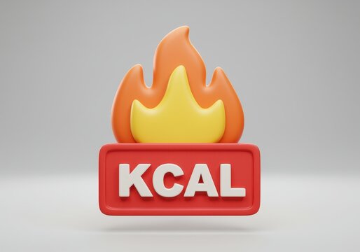 3d rendered kcal calorie with a stylized fire flame symbol on a red label against a neutral gray backdrop 3d