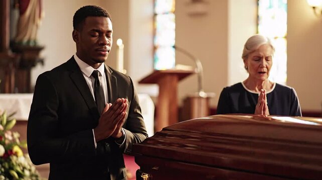 Grieving man and woman in a church, praying with hands clasped beside a casket, conveying loss and mourning, respectful solemn atmosphere