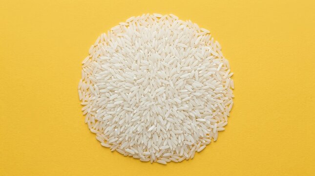 Neatly arranged pile of uncooked rice grains on a yellow background, staple food concept with minimal flat lay styling and strong texture, studio lighting, crisp detail, no logos