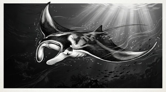 Graceful manta ray in black and white illustration style, elegant marine wildlife concept with flowing form and clean artistic contrast, refined realistic look, no logos