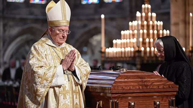 Clergy member in ornate robes leading a funeral service with a grieving woman beside a coffin surrounded by candles