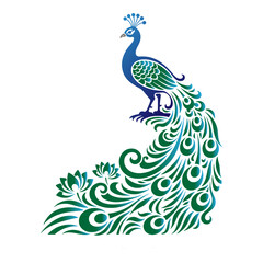 Fototapeta premium Peacock's graceful presentation: A visually appealing peacock poses gracefully, showcasing its vibrant and intricate plumage, representing beauty and elegance.