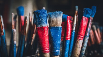 Fototapeta premium Painter workstation brushes colorful messy creative process art tools studio background paint handles blue red design workspace texture artistic concept interior