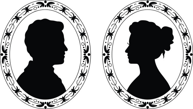Black silhouette couple profile in oval frame