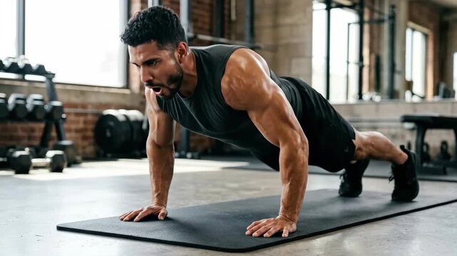 A strong Hispanic man doing push ups, defined muscles, focused expression, athletic posture and natural body tension on a clean training surface, crisp directional light and a determined energetic