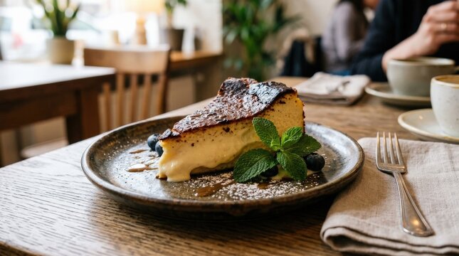 Slice of burnt Basque cheesecake with creamy filling and mint garnish, trendy dessert concept with rustic charred top and elegant plating, realistic detail, no logos