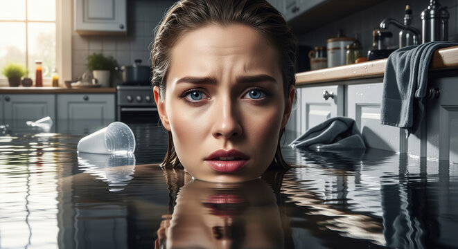Woman in a flooded kitchen expressing concern while standing in water against a home interior backdrop