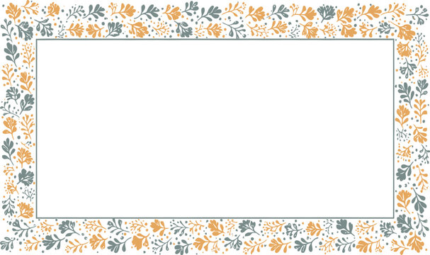 Floral frame border, orange green leaves, vector illustration, decorative empty rectangle
