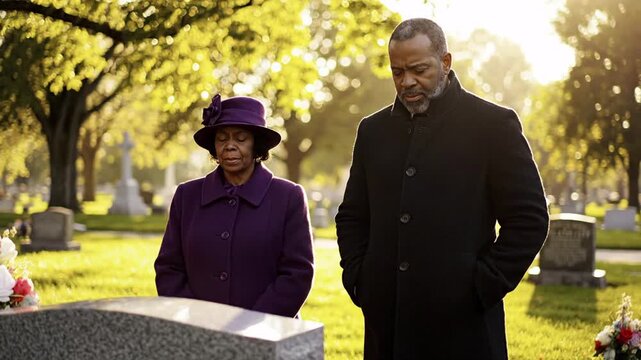 A grieving couple stands solemnly at a gravesite in a sunlit cemetery, heads bowed in remembrance and sorrow
