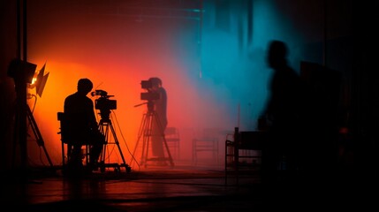 Fototapeta premium Silhouettes of camera operators capturing a dramatic scene with vibrant orange and blue lighting, creating a moody and cinematic atmosphere of behind-the-scenes film production