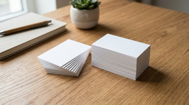 Blank white business cards stacked on wooden background, stationery mockup and corporate branding concept, clean minimal composition, soft light, no logos