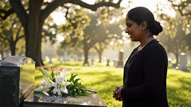Woman in black clothing paying respects at a gravesite with lilies, remembrance, grief, solemn atmosphere, outdoor cemetery, sunlight filtering through trees