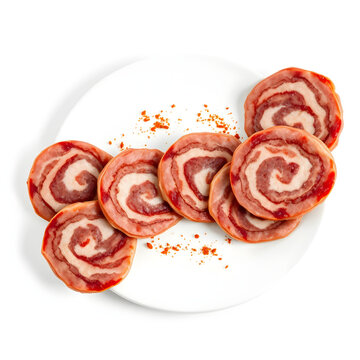 Traditional Bulgarian lukanka dried cured sausage sliced and isolated on white background