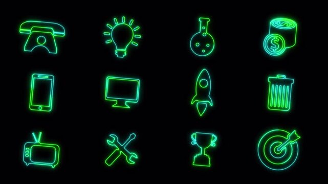 Neon Mixed Icons Set Animation, Technology and Everyday Objects Collection, Transparent Background