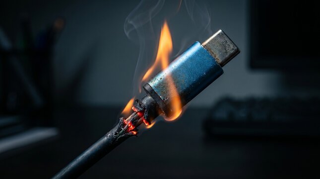 A usb cable is on fire with flames burning the black cord and blue connector