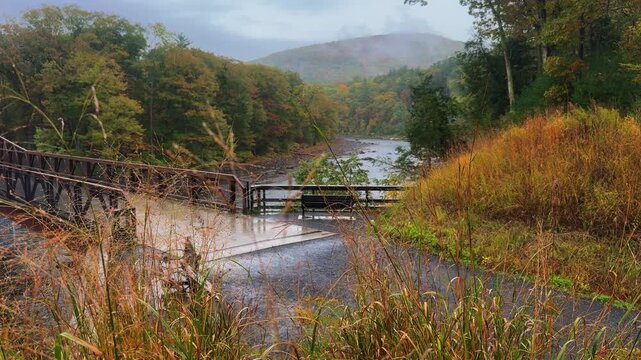 Foggy, rainy autumn overlook in the Catskill Mountains, featuring a footbridge and bench above a river, wet foliage, and misty forest hills moving in the breeze.