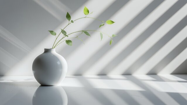 白い花瓶と繊細な植物の枝に差し込むドラマチックなブラインド越しの光