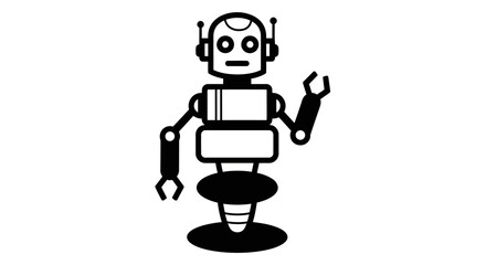 Fototapeta premium Robot holding a wrench stands with a retro-futuristic design in a black and white illustration.