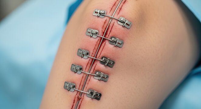 Knee with surgical staples conveying a clinical mood during post-operative recovery against a sterile background