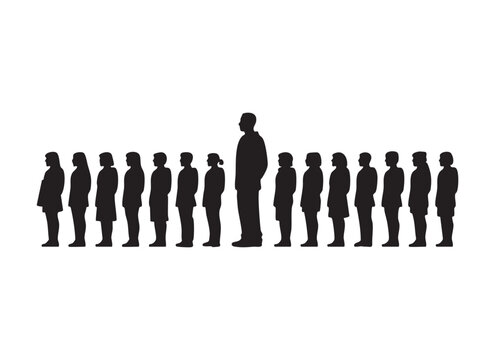 Line of people in silhouette, one tall figure stands out amongst shorter individuals, height difference.
