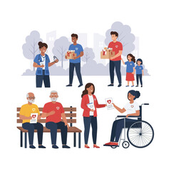 Obraz premium Community volunteers help elderly and disabled people with donations and healthcare.