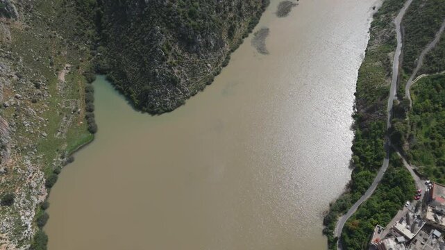 Aerial landscape view of Oyoun El Samak dam in Akkar with wide lake, mountains and peaceful nature