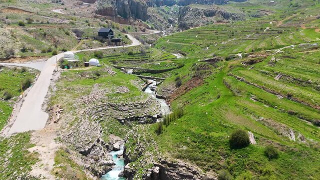 Drone footage of a natural waterfall in Faraya Lebanon with peaceful and scenic environment