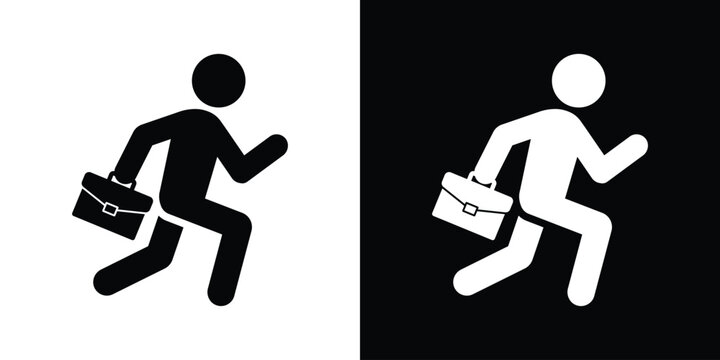 Vector icon of a businessman running while carrying a briefcase. Symbolizes rushing, meeting a deadline, professional success, or career pace. Simple black and white isolated design for business theme