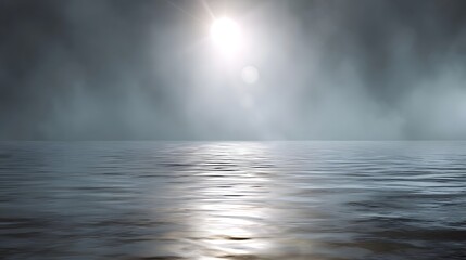 Fototapeta premium A dramatic view of the open sea at sunrise featuring soft light flares and reflective tones across the calm surface